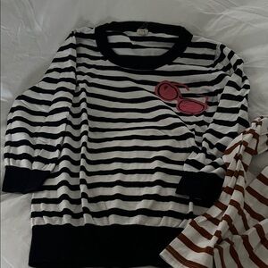 J. Crew Black and White Striped Long Sleeve Tee with Pink Detail